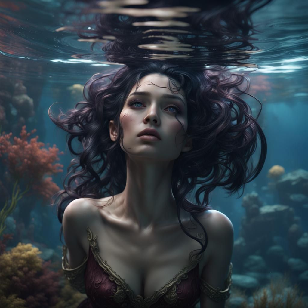 Woman with Black Hair Floating Underwater