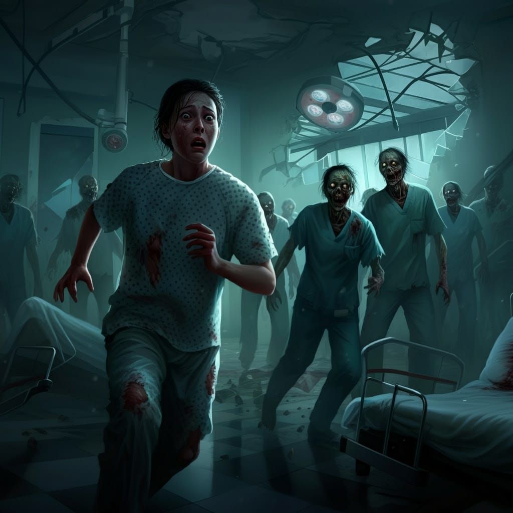 Survivor Fleeing from Zombie Horde in Desolate Hospital