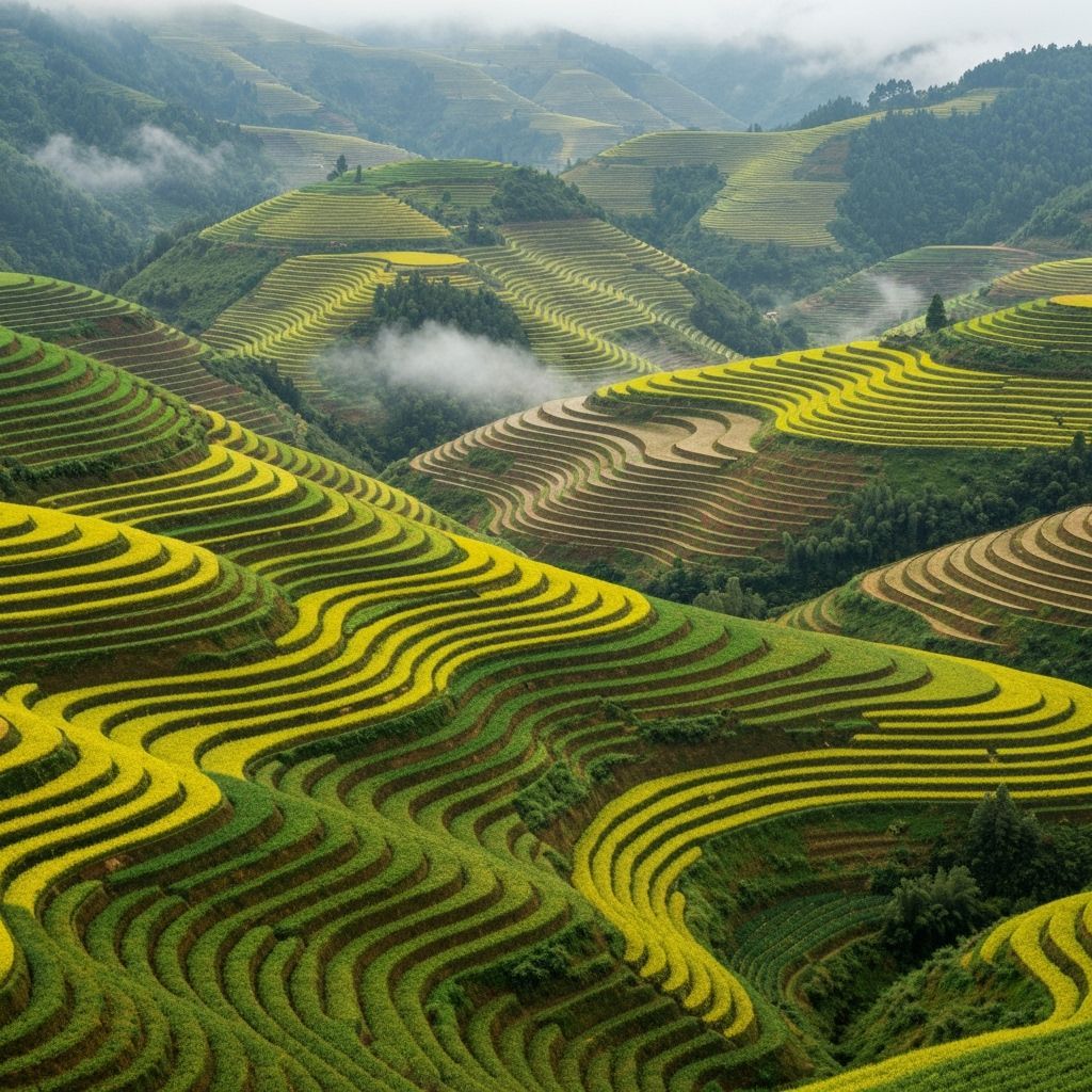 Vivid Terraced Hills in China as Agricultural Patchwork