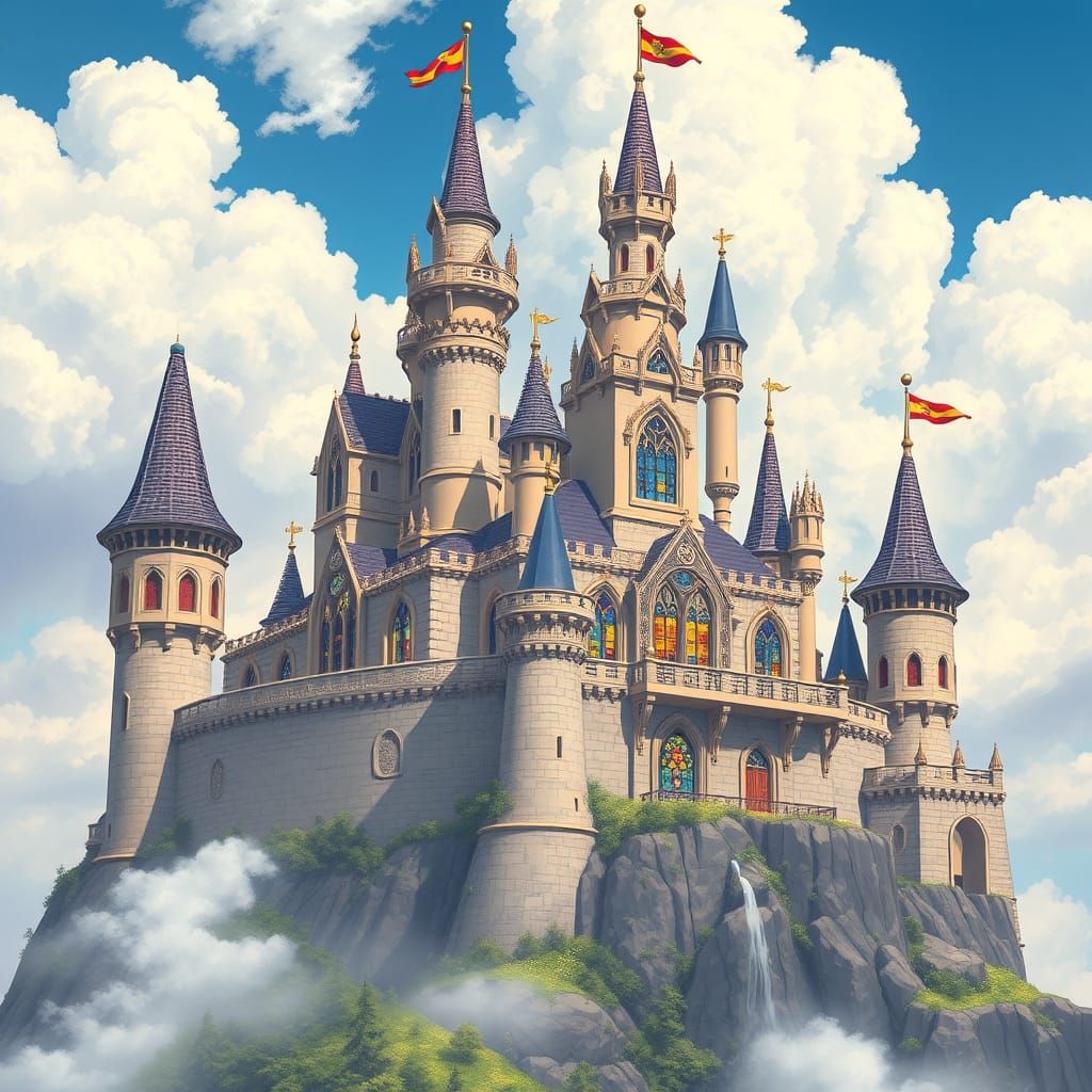 Ethereal Castle Floating in Clouds, Whimsical Art Style
