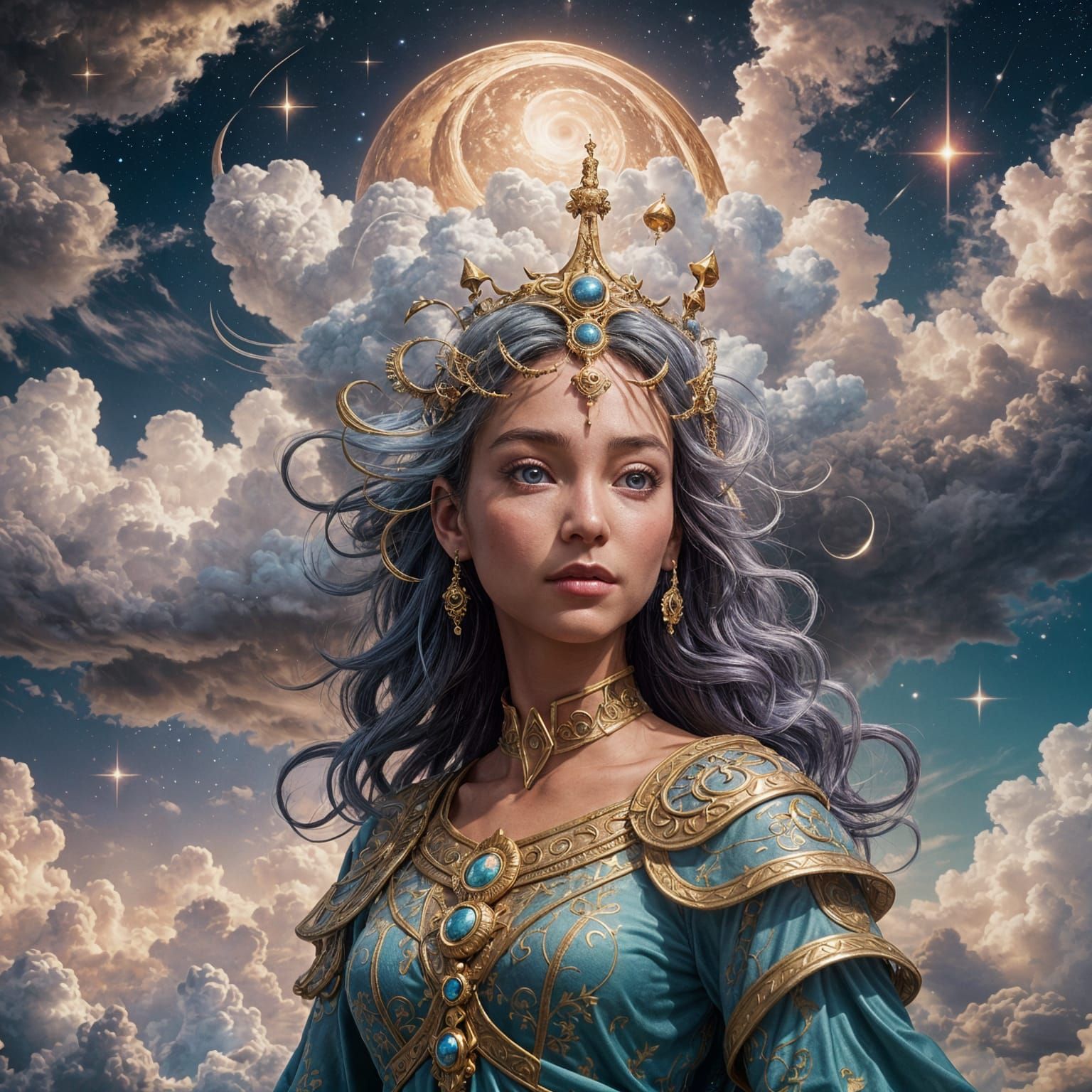 Humorous Goddess Balances on Wobbly Cloud: Digital Art