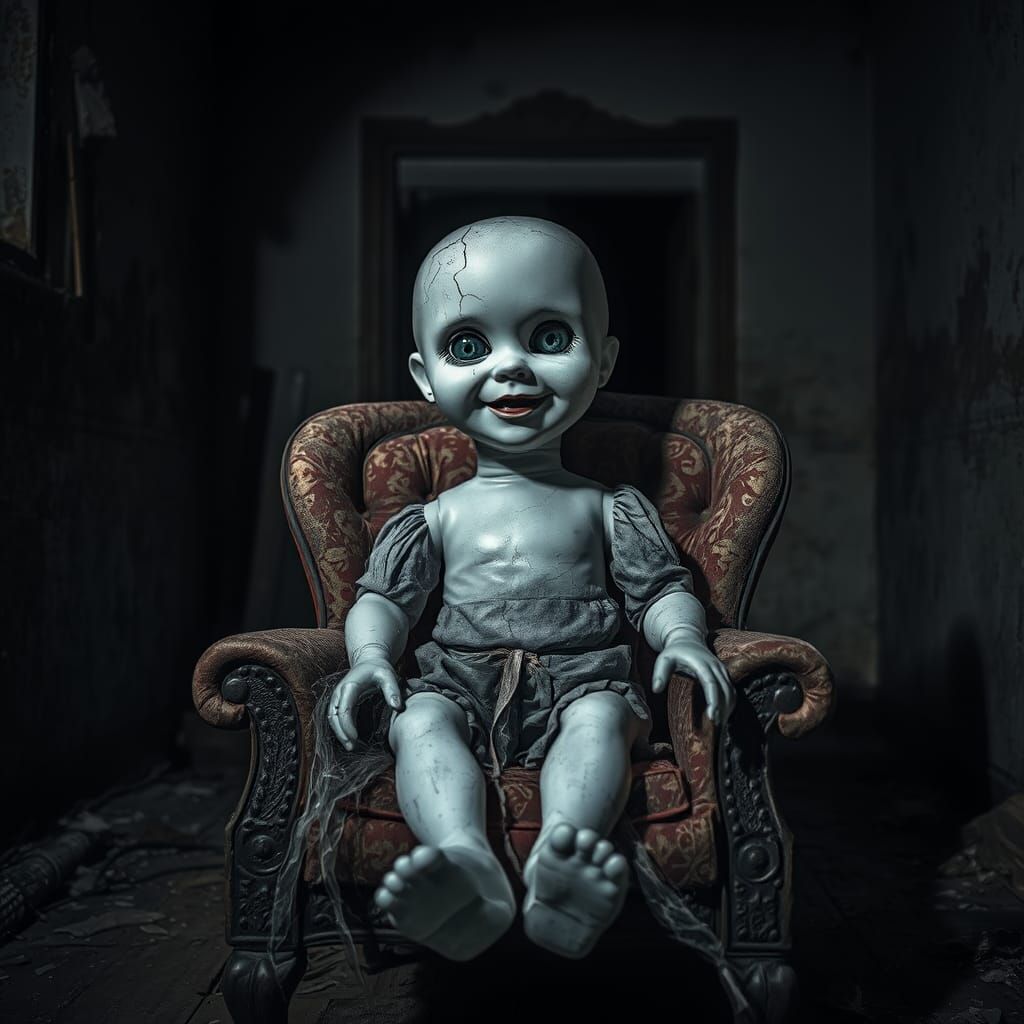 Creepy Doll in Abandoned Building, Black and White