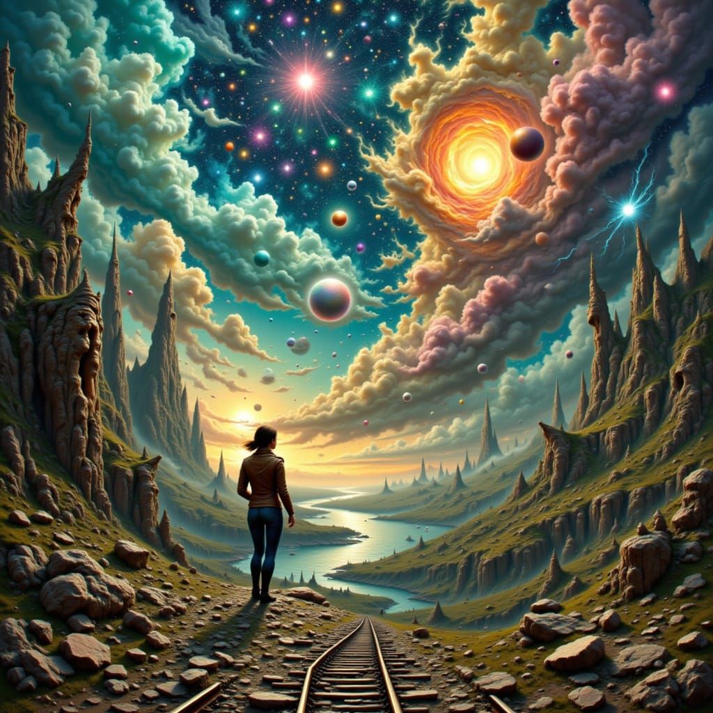 Woman on Cliff Gazing at Nebula Over Cosmic Train Tracks