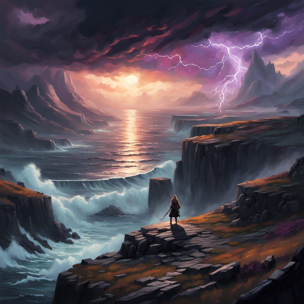 Norse Shieldmaiden Overlooking Stormy Sea