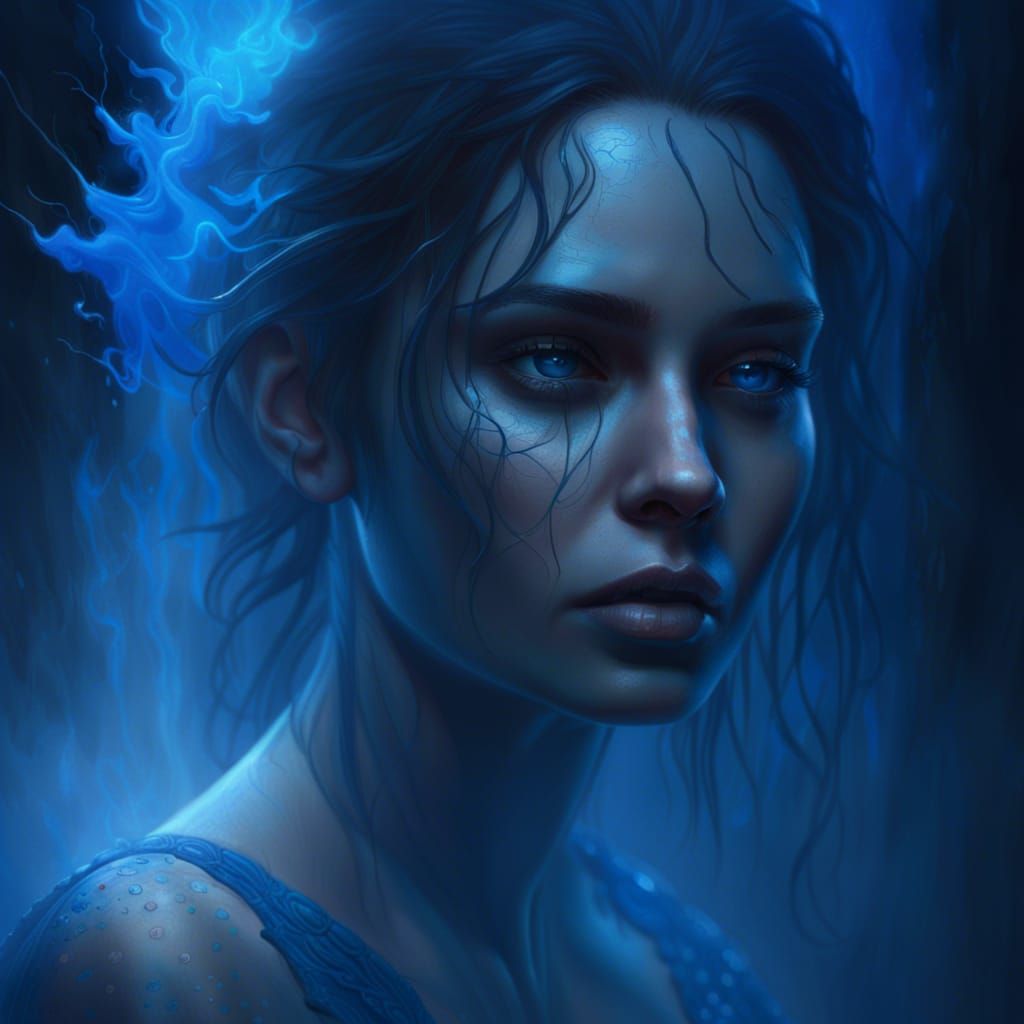 Sad Woman in Blue Dream: Dark Fantasy Art