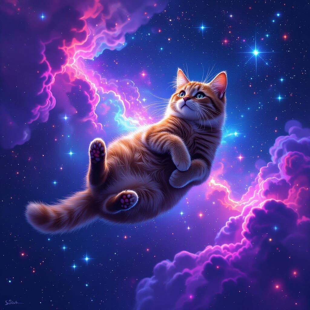 Brown Cat Floating in Starry Galaxy: Digital Art