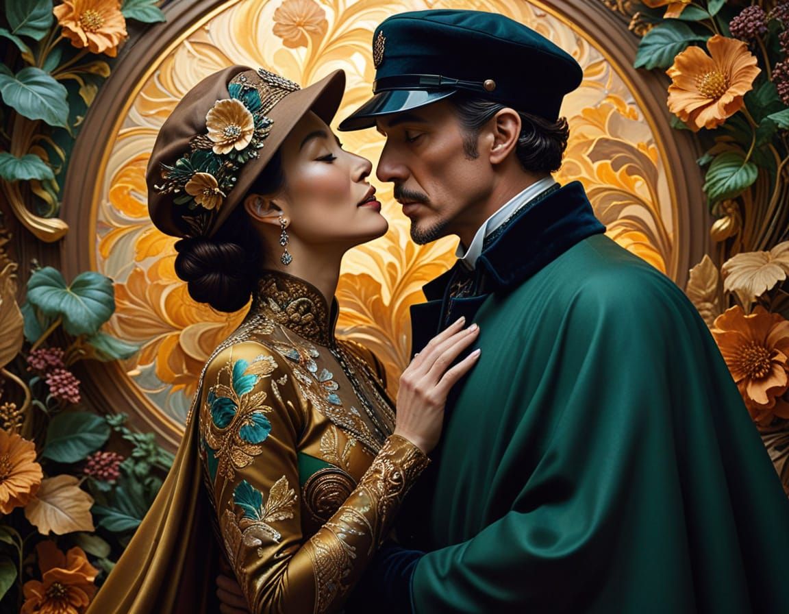 Elegant Victorian Kissing Scene in Art Nouveau Style