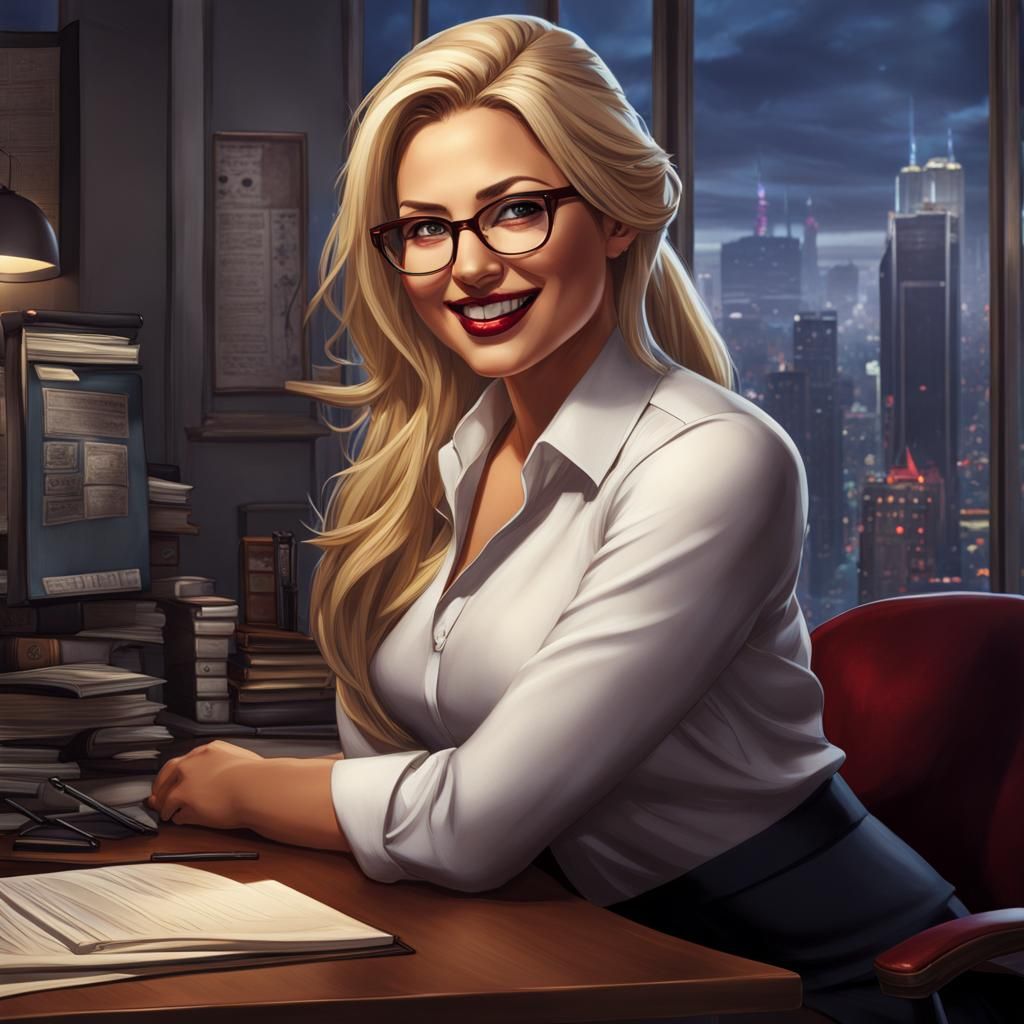 Blonde Woman in Office, Detailed Digital Painting