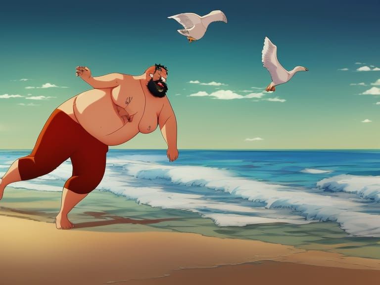Man in Red Swimsuit Running from Seagulls