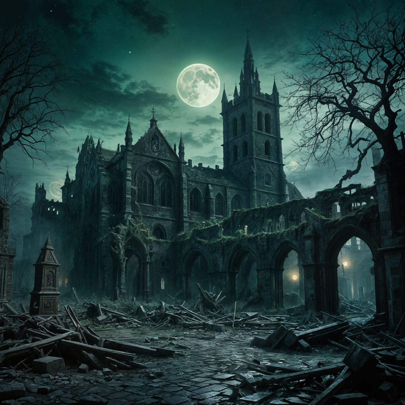 Ruined Medieval Town Square Under Green Moon