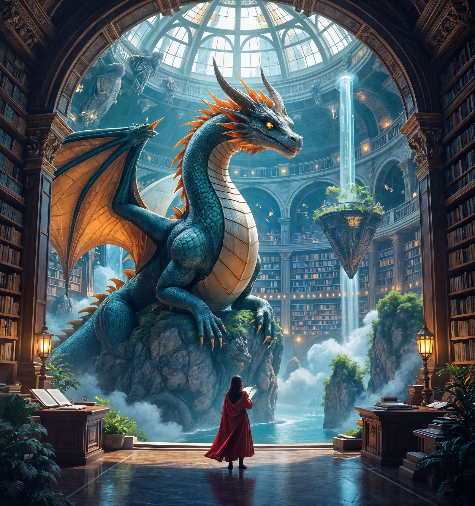 Futuristic Library with Dragonette in Digital Matte Painting