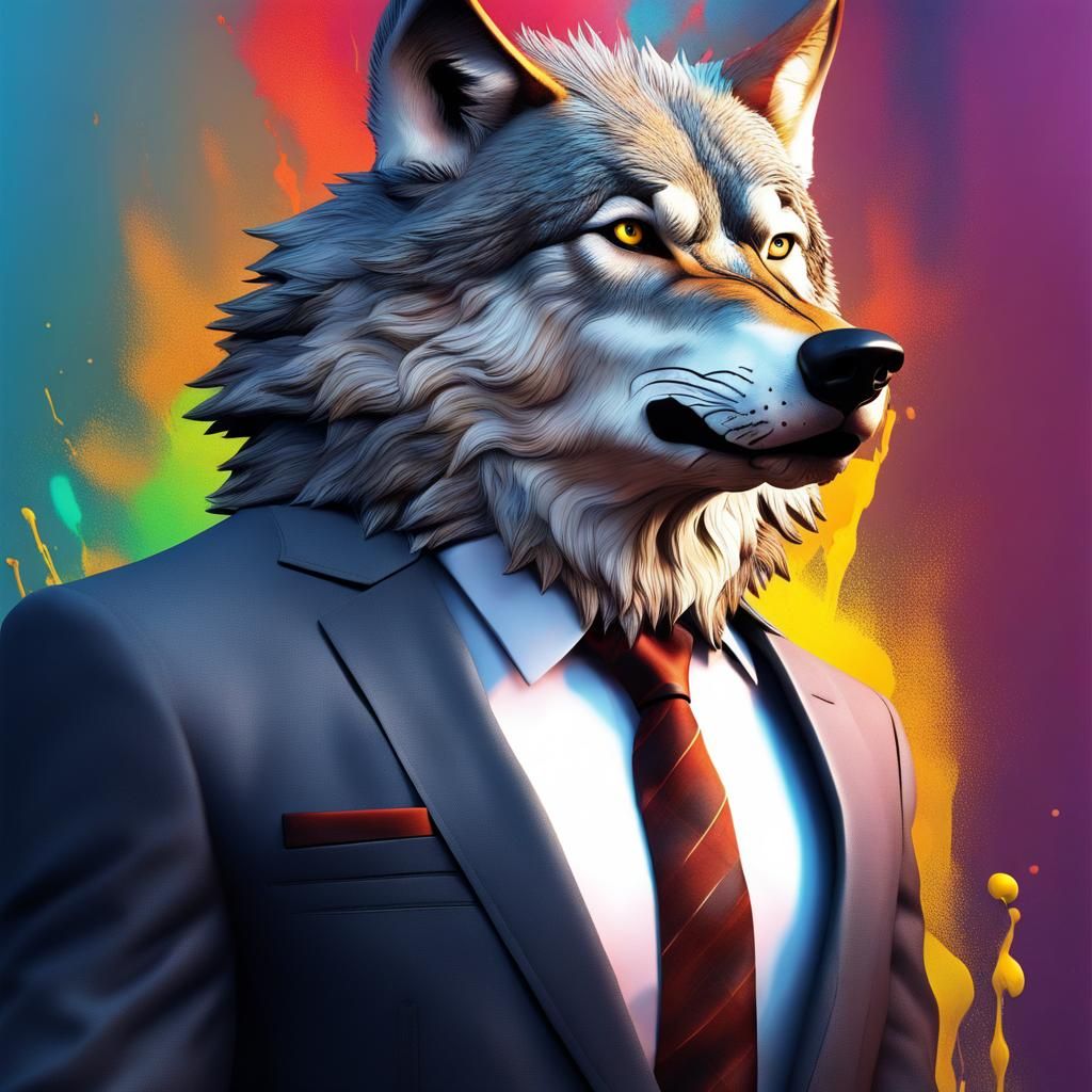 Hyperrealistic Wolf Businessman in Splash Art Style
