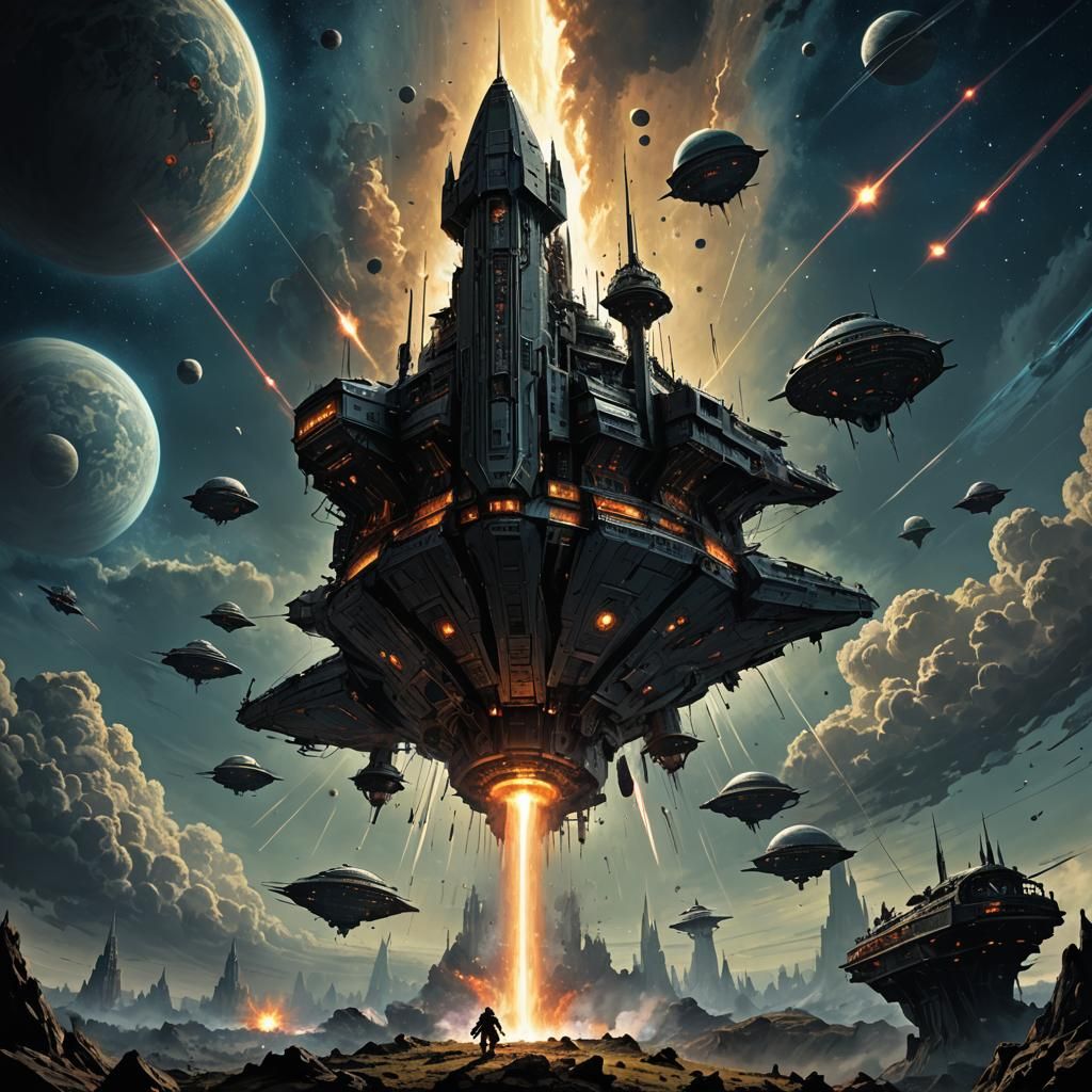 Spaceship Battle with Lasers in Horror Style