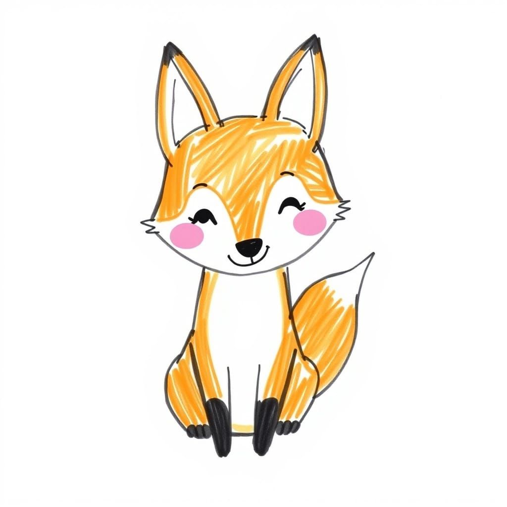 Cute Smiling Fox Drawing on White Background