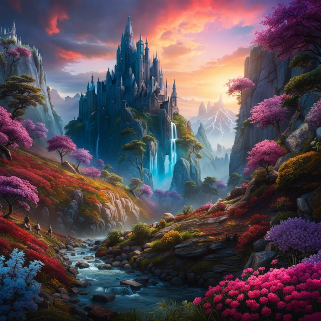 Enchanted Fantasy Landscape with Rainbow Birds
