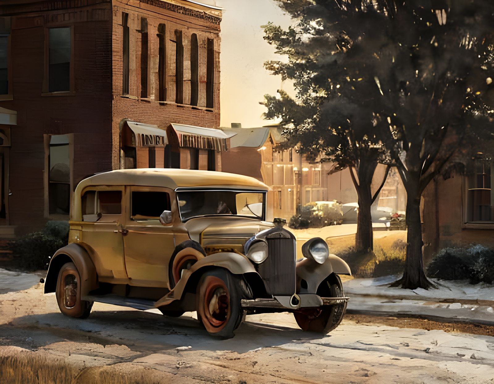 1930s Car Drives Through Midwestern Town in Regionalism Art