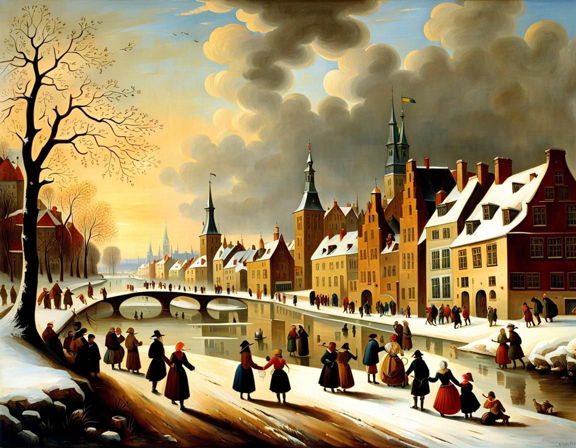 Winter Ice Skating Scene in Vermeer Style