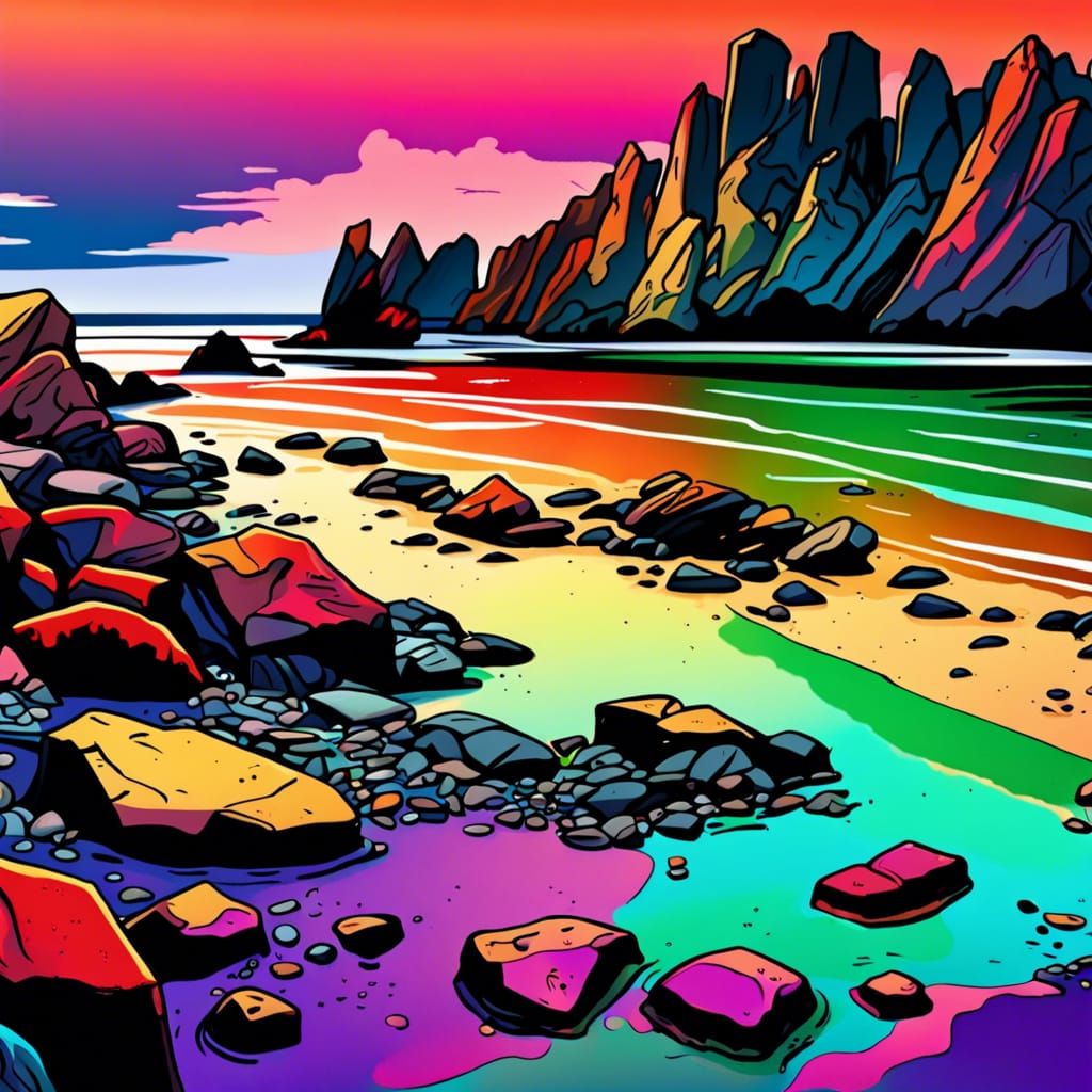 Rocky Shoreline: Detailed Matte Painting in Triadic Colors