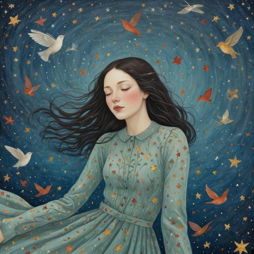 Dreamy Galaxy Girl with Mythical Creatures