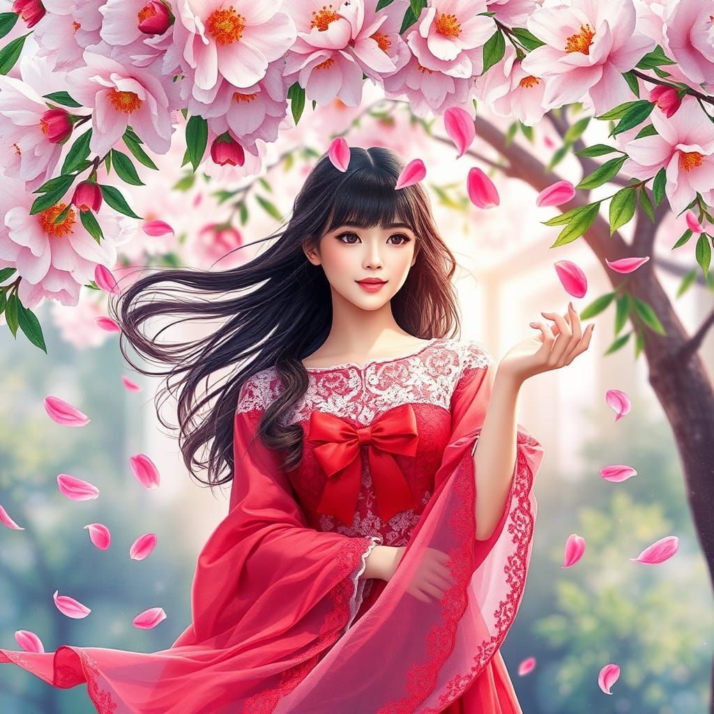 Woman Under Peony Tree in Vibrant Watercolor