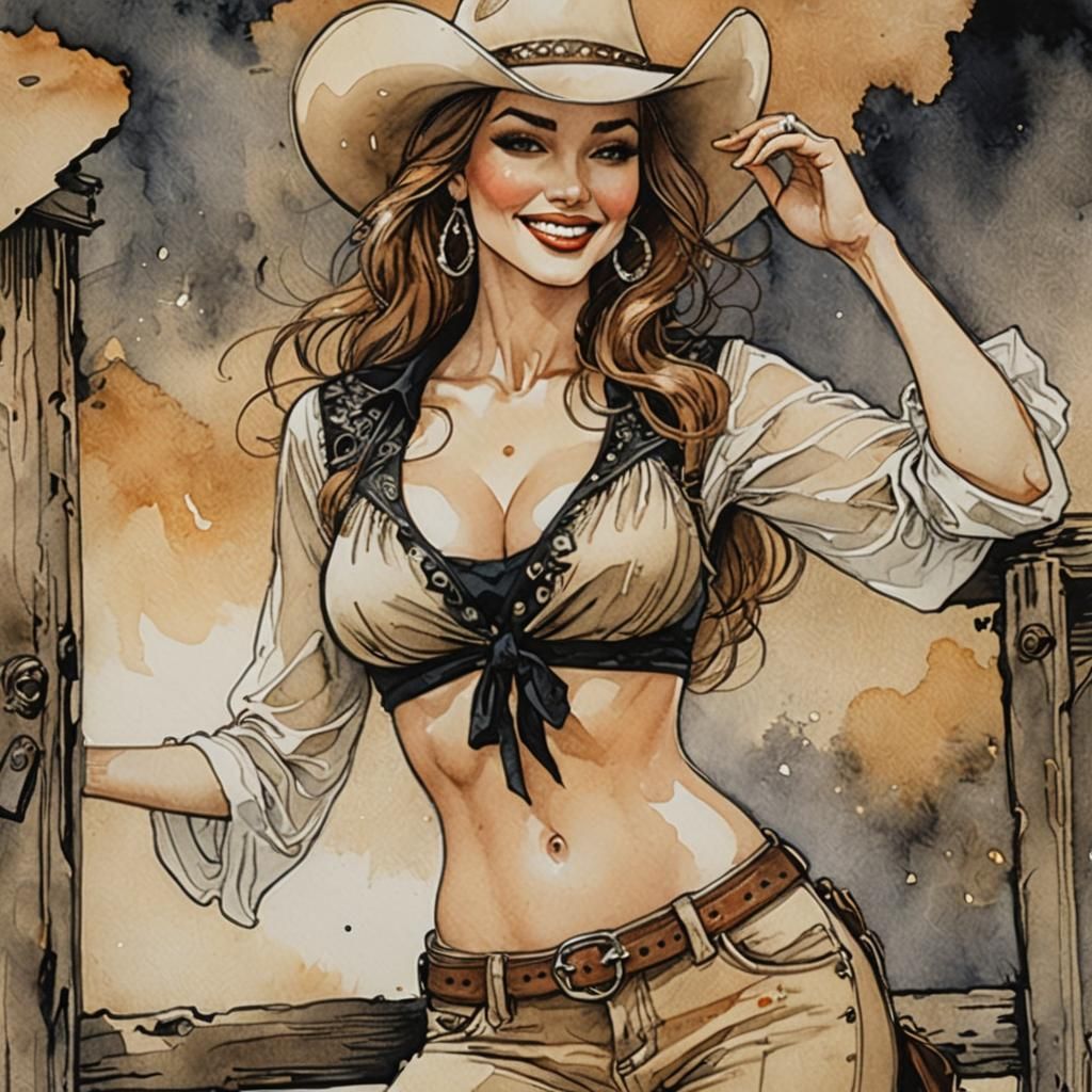 Beautiful Cowgirl in Mixed Media Style
