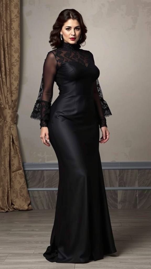 Elegant Plus-Size Woman in Black Silk Dress