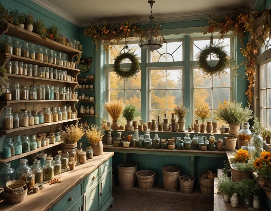 Rustic Apothecary Displaying Herbs in Golden Light