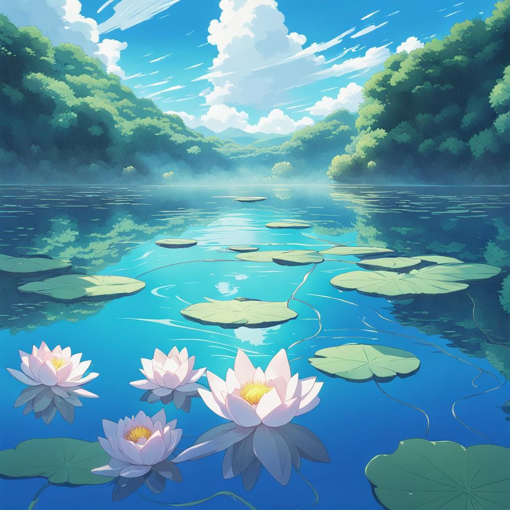 Blue Lotus on Turquoise Waves: Anime Art