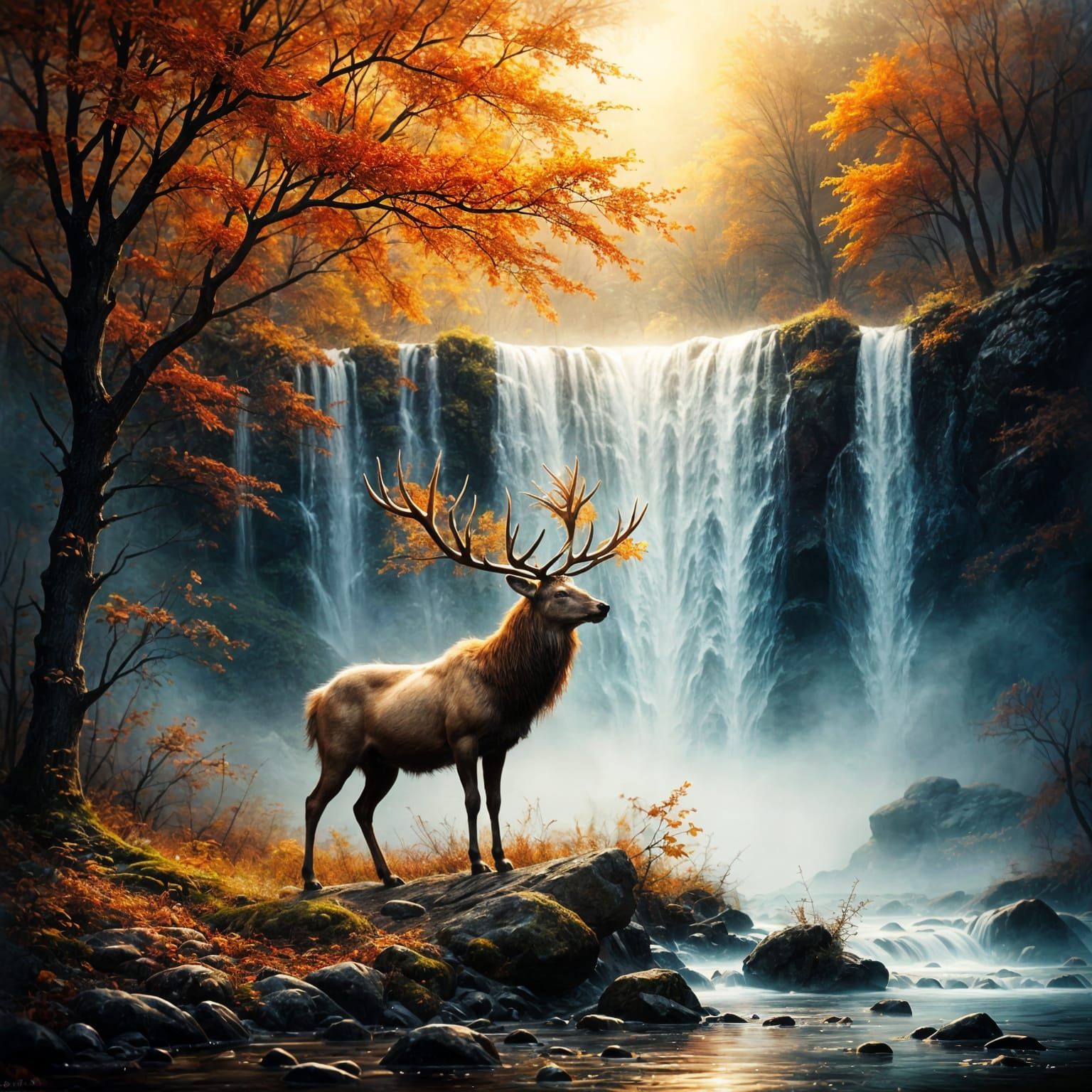 Majestic Stag by Autumn Waterfall
