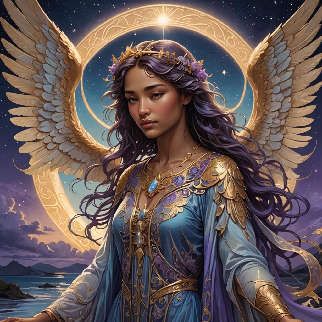 Angel Over Island in Radiant Night Sky