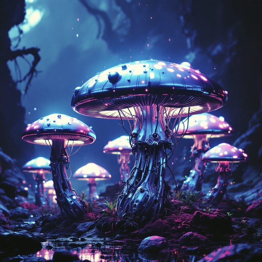 Glowing Biomechanical Mushrooms in Neon Retro Haze
