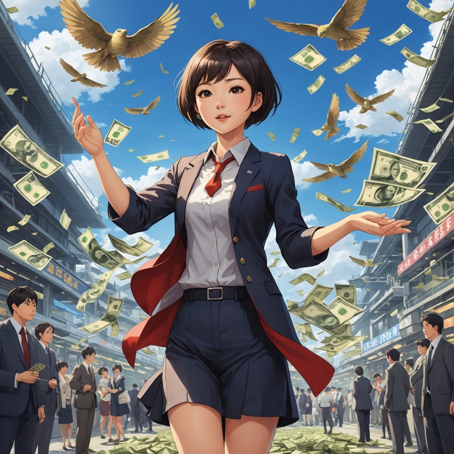 Anime Style: Asian Woman Sees Money Flying Away
