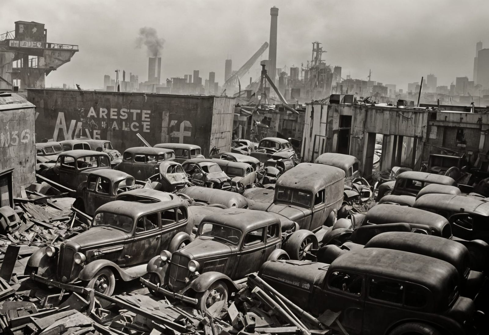 Wrecked Cars in 1935 NYC Slum: Colorized Photo