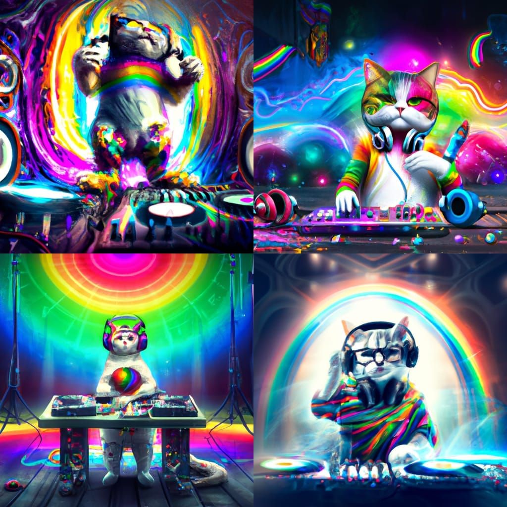 Rainbow Cat DJ in a Digital Matte Painting