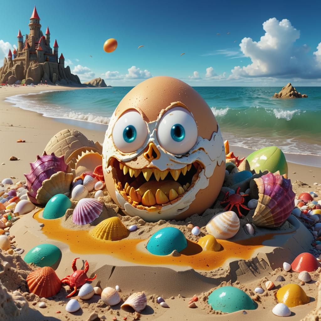 Angry Egg Destroys Sandcastle: Fantasy Matte Painting