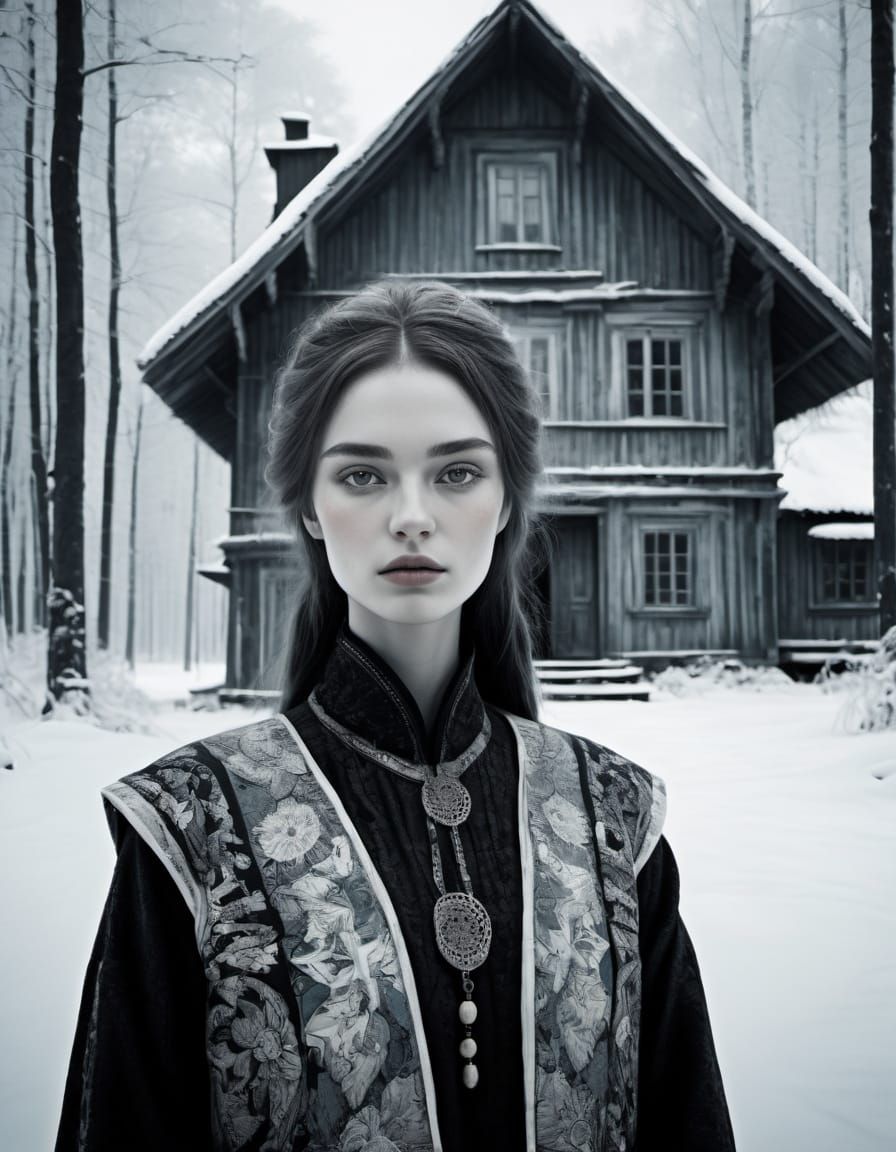 Ukrainian Winter Scene with Woman in Double Exposure