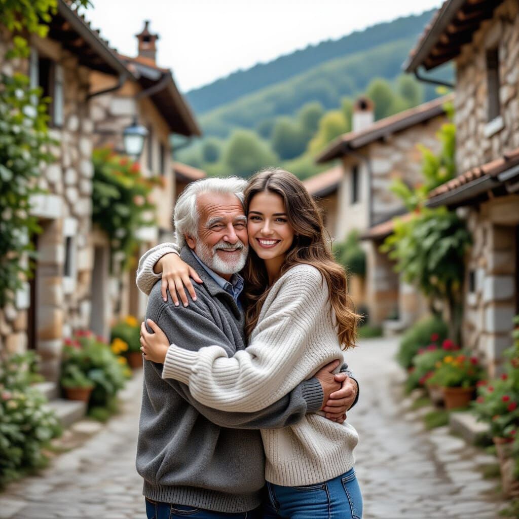 Touching Reunion: Granddaughter Hugs Grandfather in Village