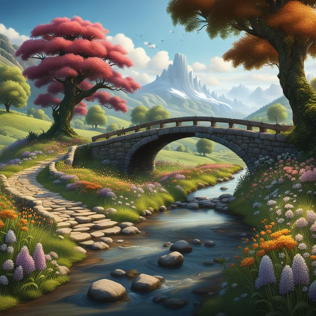 Stone Bridge Over River in Detailed Matte Painting