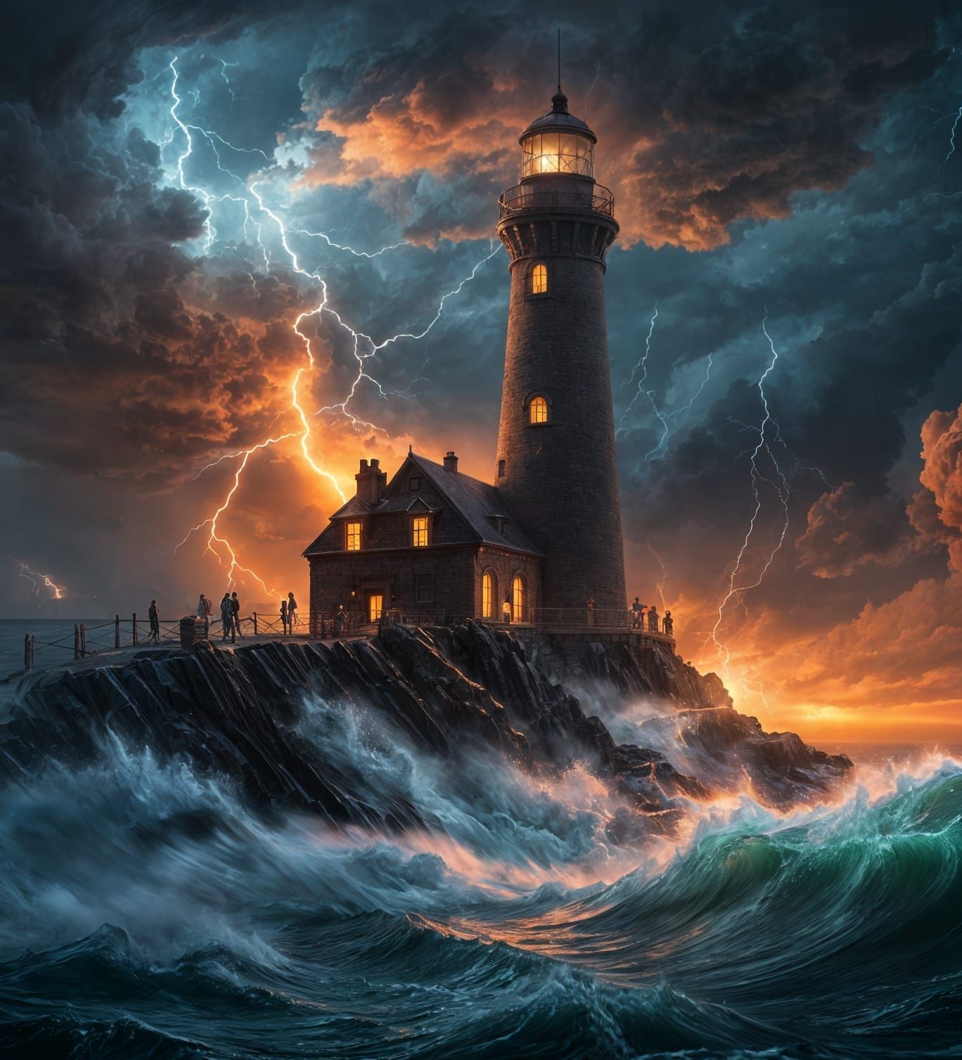 Lighthouse Lightning Strike: Detailed Fantasy Art