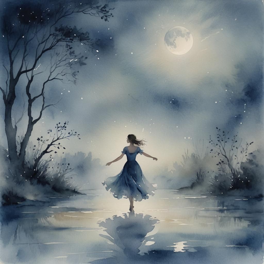 Figure Dancing in Moonlight: Whimsical Watercolours