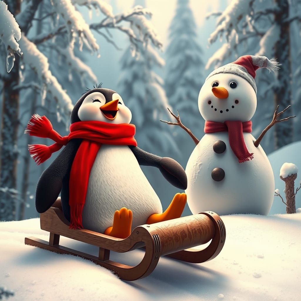 Whimsical Penguin Sleds in Dreamlike Snowy Forest