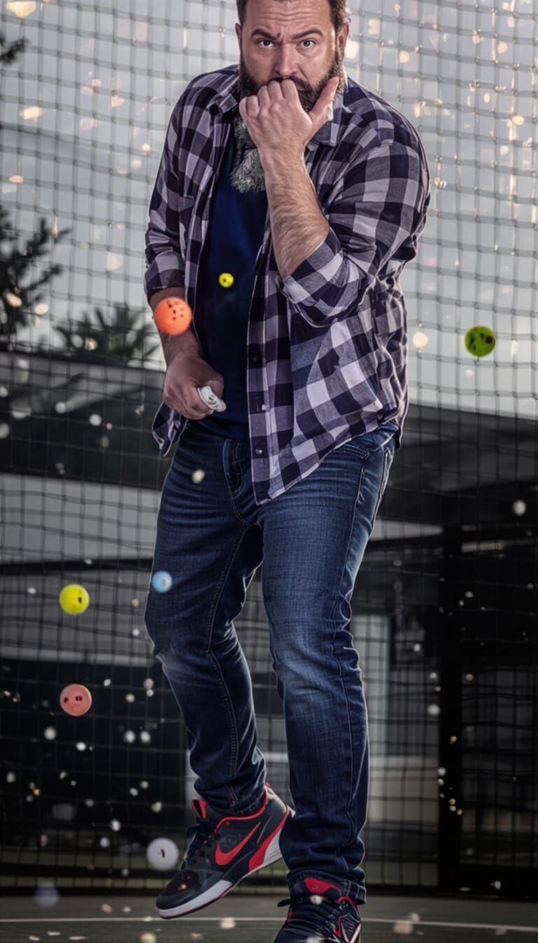 Bearded Man Playing Padel in Chaotic Night Photo