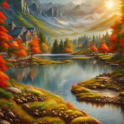 Majestic Mountain Landscape in Oil Painting Style