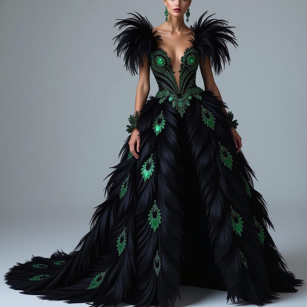 Raven Feather Gown in Haute Couture Style