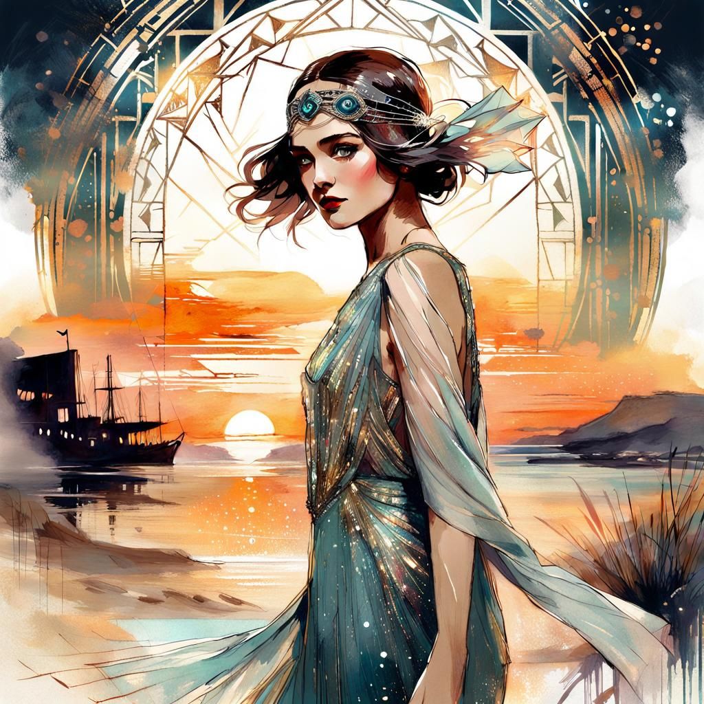 Art Deco Woman Dancing: Digital Pastel Illustration