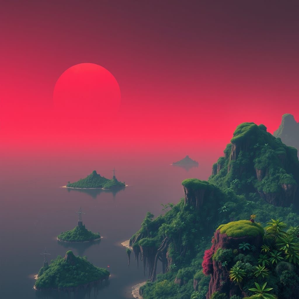 Ethereal Alien World in Crimson Haze with Emerald Jungles