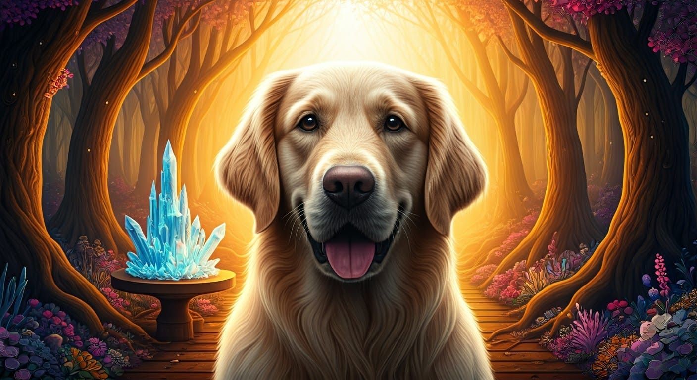 Golden Retriever Portrait in Mystical Crystal Forest