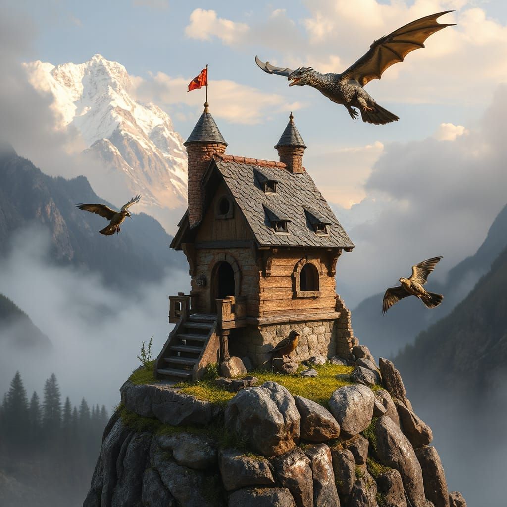 Miniature Castle Birdhouse with Dragon, Matte Painting
