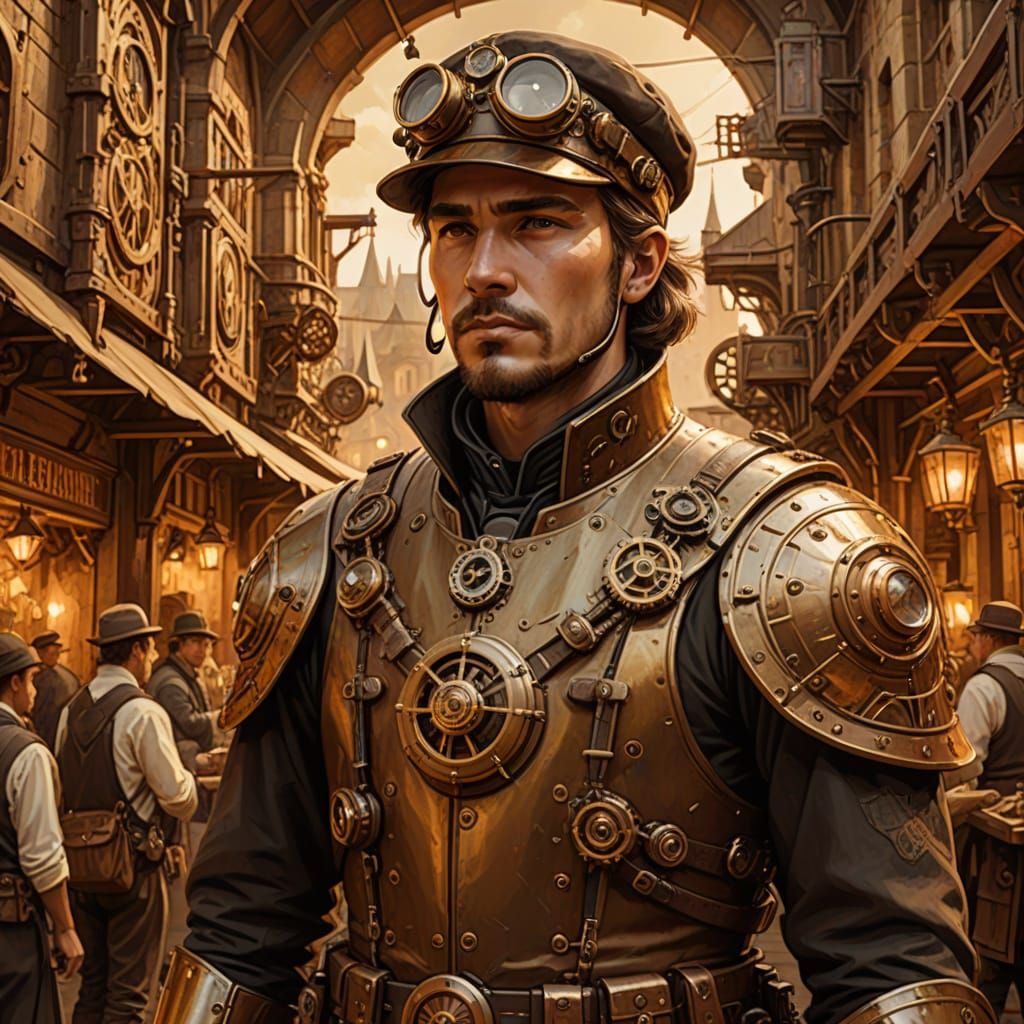 Steampunk Time Traveler in Medieval Marketplace