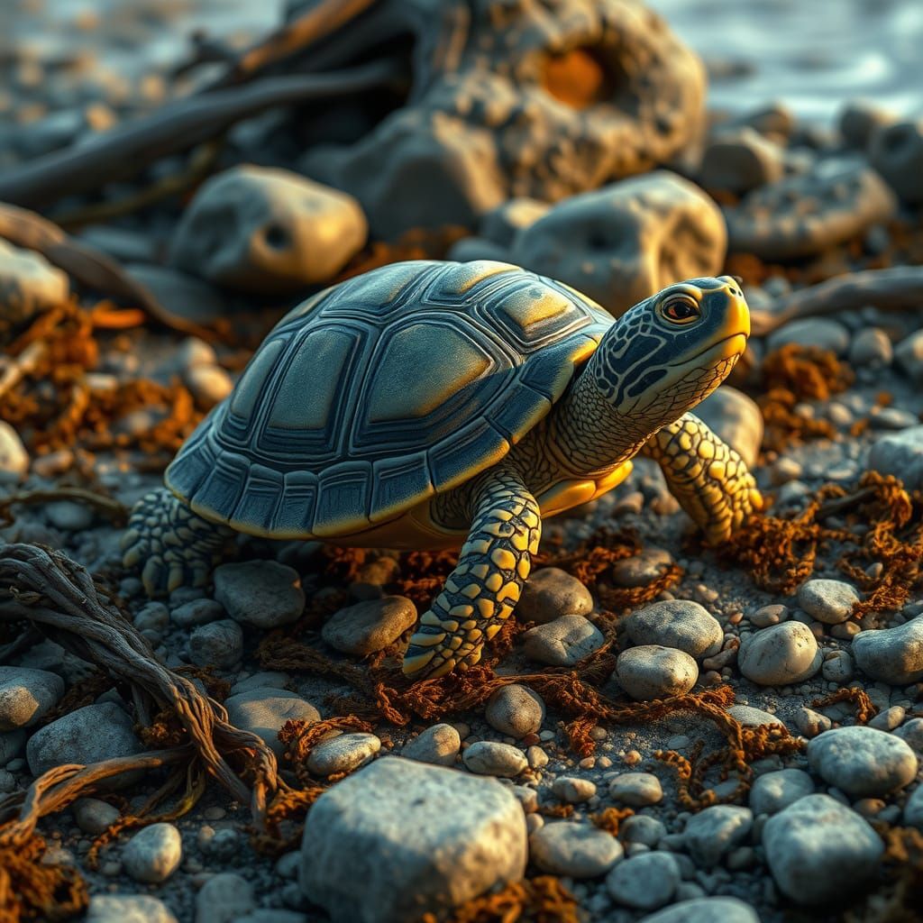 Turtle on Rocky Beach in Miyazaki Style